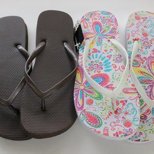 NEW Women Flip Flops Brown and Floral 2 Pairs
